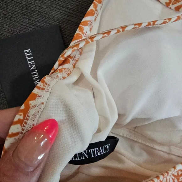 Ellen Tracy Orange Print key hole High Neck Over-The-Shoulder One Piece Swimsuit - Picture 3 of 15